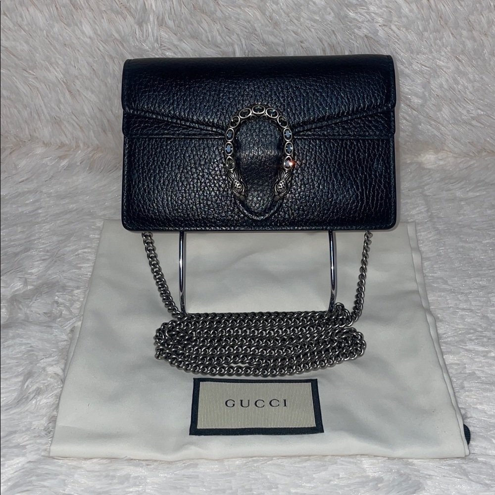 Gucci Crystal Dionysus Leather Chain Super Mini Shoulder Crossbody Bag in Black